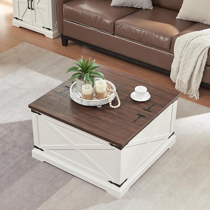 Farmhouse Square Coffee Table with Storage, Wood Center Table with Hinged Lift Top, Rustic Cocktail Table with Large Hidden Storage Compartment for Living Room, Bedroom,Antique White