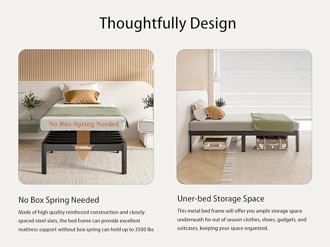 Twin Size Bed Frames 14 Inch, Metal Twin Bed Frame No Box Spring Needed, DIY Headboard Holes, Heavy Duty Steel Support 3500 LBS, Noiseless, Round Corner Leg, Storage Space, Easy Assembly, Black