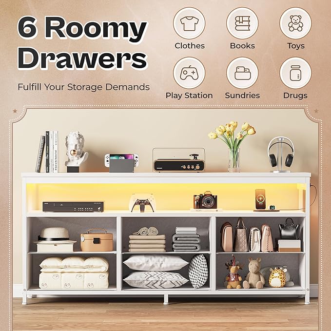 Huuger LED TV Stand for Bedroom, 55 Inch Fabric Dresser with Power Outlets, Entertainment Center for 60, 55, 50 Inch TV, 6 Drawer Dresser for Bedroom, Chest of Drawers with Shlef, PU Leather, White