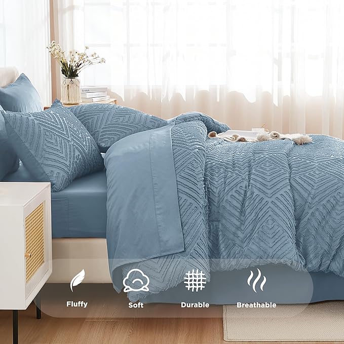 Andency Queen Size Comforter Set 7 Piece Grayish Blue - Bed in a Bag Queen Boho Lightweight Fluffy Tufted Bedding Sets with Comforter, Sheets, Pillowcases & Shams