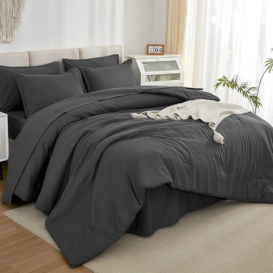 Litanika Twin/Twin XL Size Comforter Sets Grey Dark Grey - 5 Pieces Bed in a Bag Twin/Twin XL Bedding Comforter Sets, Solid Lightweight Bed Set with Comforter, Sheets, Pillowcase & Sham