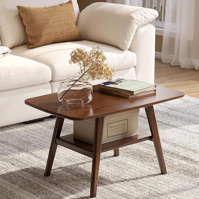 100% Solid Oak Wood Coffee Table for Living Room, 2-Tier Small Table with Storage Shelf, Mid Century Modern Coffee Tables (Walnut, 31.49“ x 22.05” x 17.32“)