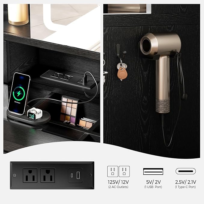 Farmhouse Makeup Vanity Desk with Sliding Mirror and Lights, Glass Desktop Makeup Vanity Desk with Charging Station, 3-Tier Hidden Slide-Out Vanity Shelves, Jewelry Storage Cabinet, 2 Drawers-Black