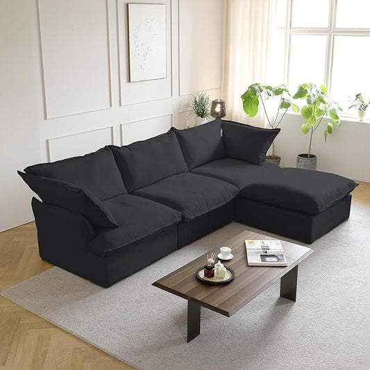 JACH L Shape Sectional Couches, Sectional Sofa with Chaise Ottoman, Deep 3-Seats Modular Sectional Sofa, Cushion Covers Removable, Two Corners and A Middle Sofa for Living Room, Black, 120-2345