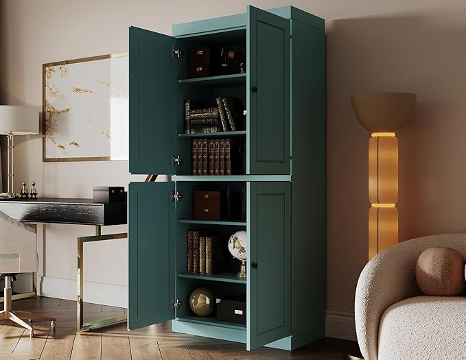 Palace Imports Solid Wood Bookcase - 6-Shelf Tall Bookshelf, 71.5” H x 32” W - Aqua, Wooden Cabinet Doors, Adjustable Shelves, 100% Renewable Eco-Friendly Wood, Made in Brazil