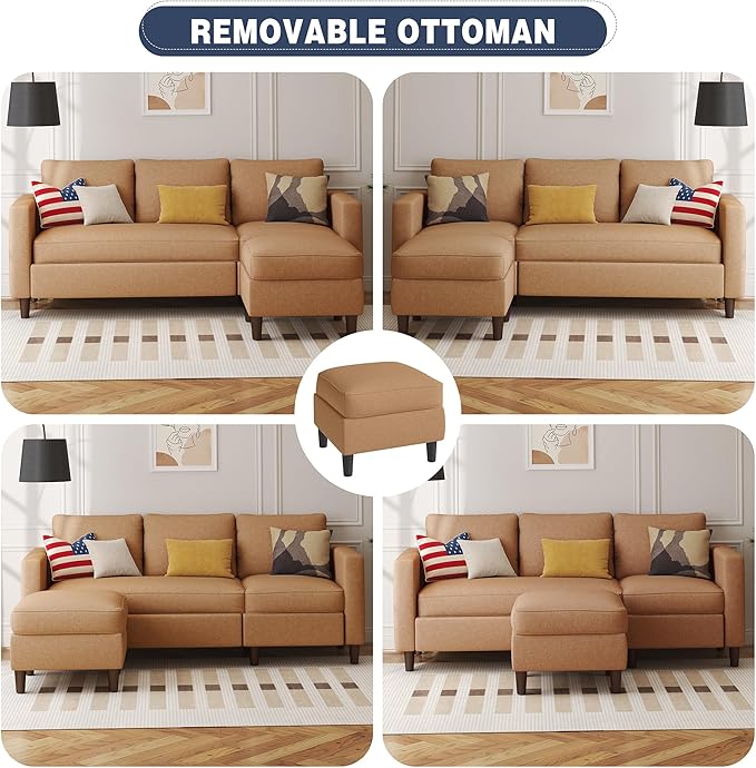 Shintenchi Small Sectional Couch Sofas, 3 Seat L Shape Sofa with Ottoman, Fabric Upholstered Convertible Sofa Couches, Small Couch for Apartments, Living Room and Office (Brown)
