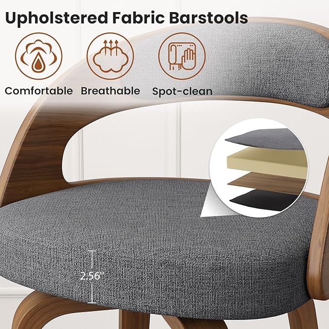 Swivel Bar Stools Set of 3, 26" Counter Height Bentwood Barstool, Mid-Century Modern Upholstered Fabric Bar Chair with Back and Footrest, for Kitchen Island, Bar, Cafe, Dining Room, Grey Linen