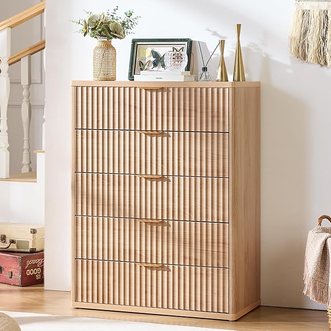 LEYAOYAO Fluted 5 Drawers Dresser for Bedroom, 41" Tall Modern Chest of Drawers with Metal Handle, Curved Profile Farmhouse Closet Organizer Wood Dressers TV Stand for Living Room, Hallway, Navy Blue