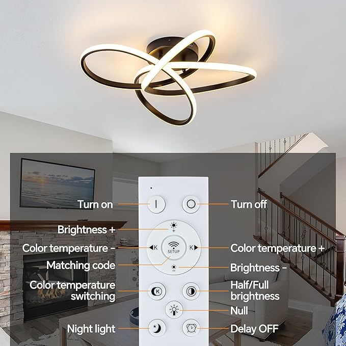 Modern LED Chandelier, 50W LED Ceiling Light with Remote Control, 3000-6000K Color Temperature Changing, Balck Chandelier for Bedroom, Entryway, Hallway, Kitchen
