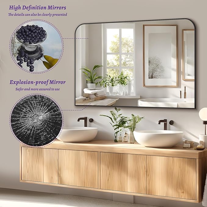 Bathroom Mirror, Wall Mirrors, Black Metal Framed Wall-Mounted Mirrors, Bathroom Vanity Mirror for Over Sink, Living Room, Bedroom, Entryway, 48x32 Inch, Black