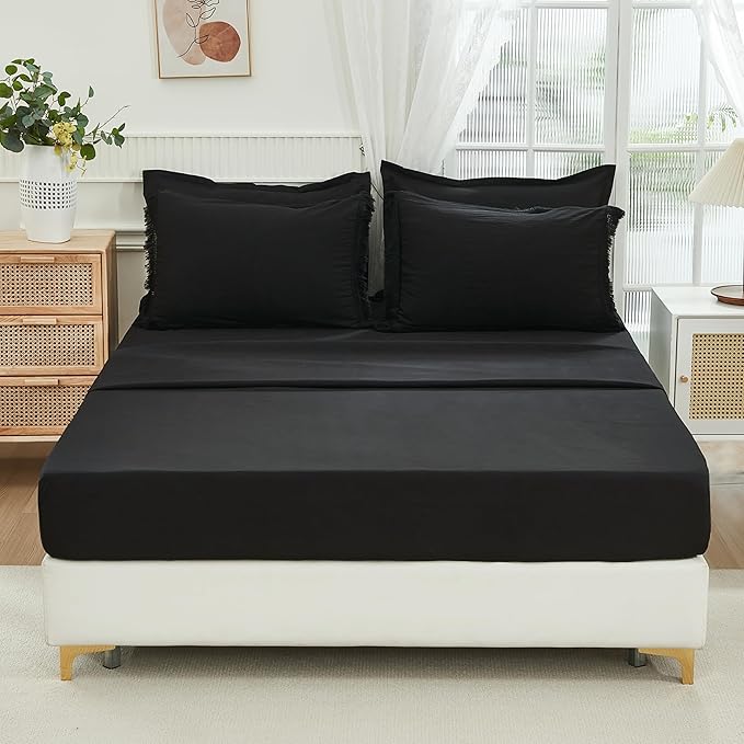 Andency Black Queen Size Comforter Set with Sheets - 7 Pieces Boho Tassel Bed in a Bag Soft Lightweight Bedding Sets, Black Fringe Bed Set with Comforter, Sheets, Pillowcases & Shams
