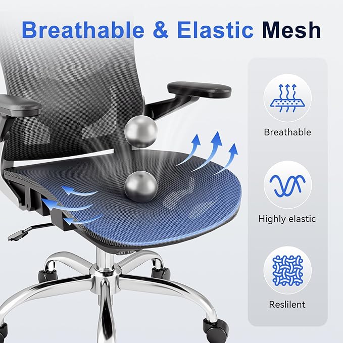 Ergonomic Office Chair，Mesh Seat Cushion with 3D Armrests and 3D Headrest, Adjustable Lumbar Support with Rocking Function, SGS Class 4 Gas Clylinder，Black