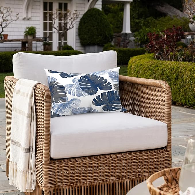 Pack of 2 Outdoor Lumbar Pillow Covers, All Weather Cushion Pillow Cases 12x20 Inch, Pillowcase for Patio Couch Decoration, Monstera Blue