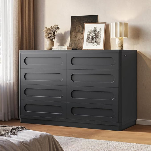 Black Dresser for Bedroom with 8 Drawers, 47.2" Wide Dresser for Closet with Deep Drawer, Large Wood TV Stand, Modern Chest of Drawers for Bedroom, Hallway