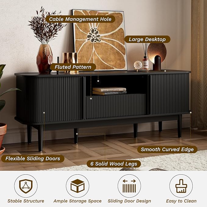 63" Black TV Stand, Fluted Entertainment Center for TVs up to 70'', Modern TV Stand with Storage, Entertainment Center with Sliding Doors, Wood Media Console for Bedroom, Living Room