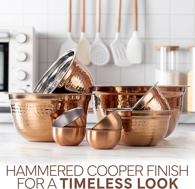 COOK WITH COLOR 18 Piece Mixing Bowls Set with Airtight Lids, Stainless Steel Bowl Organizers, Food Storage Containers, Meal Prep, Nesting Salad Bowls For Cooking, Baking, Kitchen, Copper - Hammered