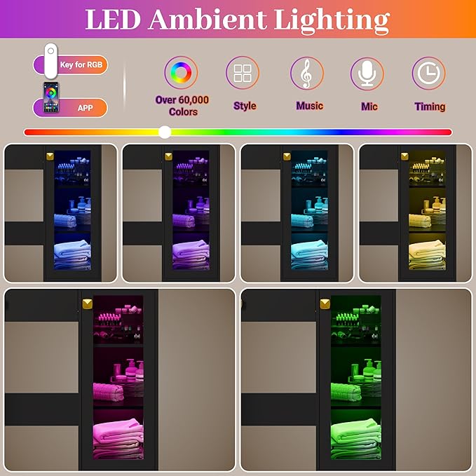 Makeup Vanity with Mirror and Lights, 34'' Wide Dressing Table with Charging Station & RGB Glass Cabinet, Small Vanity Desk with 3 Color Lighting Modes & Adjustable Brightness, Black