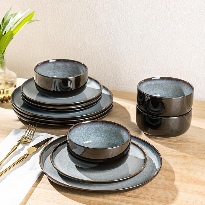 LERATIO Ceramic Dinnerware Sets for 4,12 Pieces Poreclain Plates and Bowls Sets,Scratch Resistant Dishes,Dishwasher & Microwave Safe,Oven Safe Dishes Set,Service for 4-Gray White