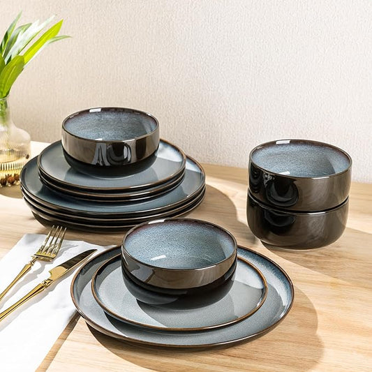 LERATIO Ceramic Dinnerware Sets for 4,12 Pieces Poreclain Plates and Bowls Sets,Scratch Resistant Dishes,Dishwasher & Microwave Safe,Oven Safe Dishes Set,Service for 4-Gray White