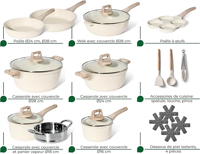 JUST PERFECTO Induction Pots Set - Pan Set with Lid - Induction Pots Set - Pots & Pans Set without PTFE and PFOA - Cookware Pot Set Induction 21 Pcs (Beige)