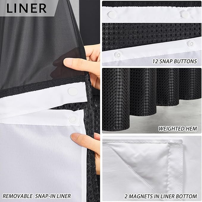 No Hook Waffle Weave Shower Curtain with Snap in Liner Set,Heavy Duty Fabric Textured Bathroom Curtain with Sheer Window,Waterproof & Machine Washable,Black,Stall Size 54x80 Inch