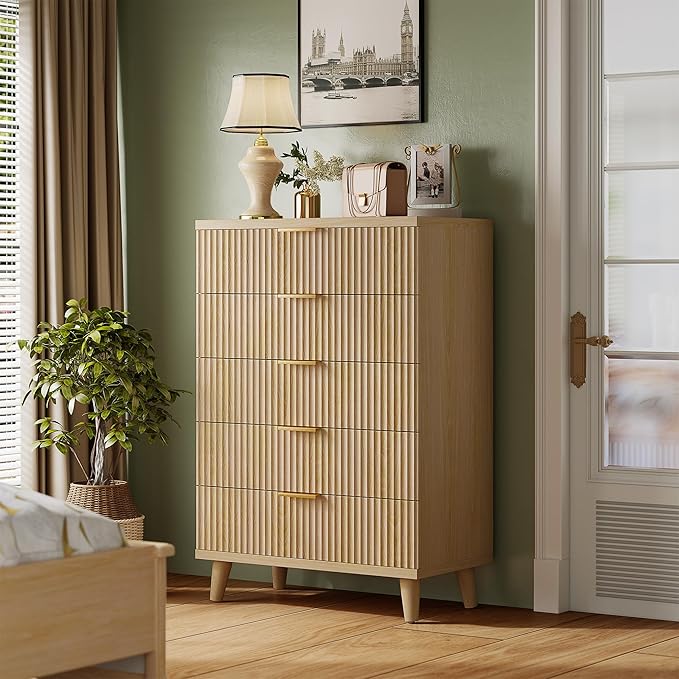 Lulive Dresser for Bedroom Wood Tall Dressers Drawers, Fluted Modern Dresser 5 Drawers Natural