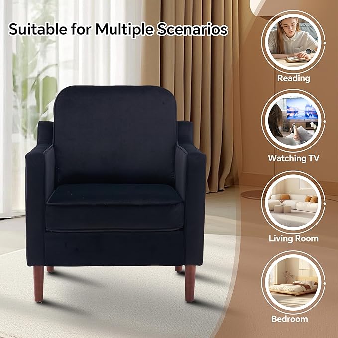 Mid Century Modern Accent Chairs Set of 2, Upholstered Reading Armchair for Living Room, Velvet Comfy Sofa Chair with Wood Legs for Bedroom, Office, Waiting Room, Black