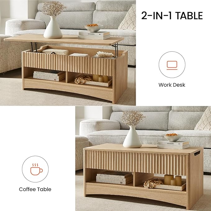 Amada Coffee Table Fluted Lift Top, 35.2" Wood Table with Storage Shelf & Hidden Compartment, Modern Rectangle Center Table for Living Room, Sturdy & Multi-Functional, Holds Up to 220LBS, Natural Oak
