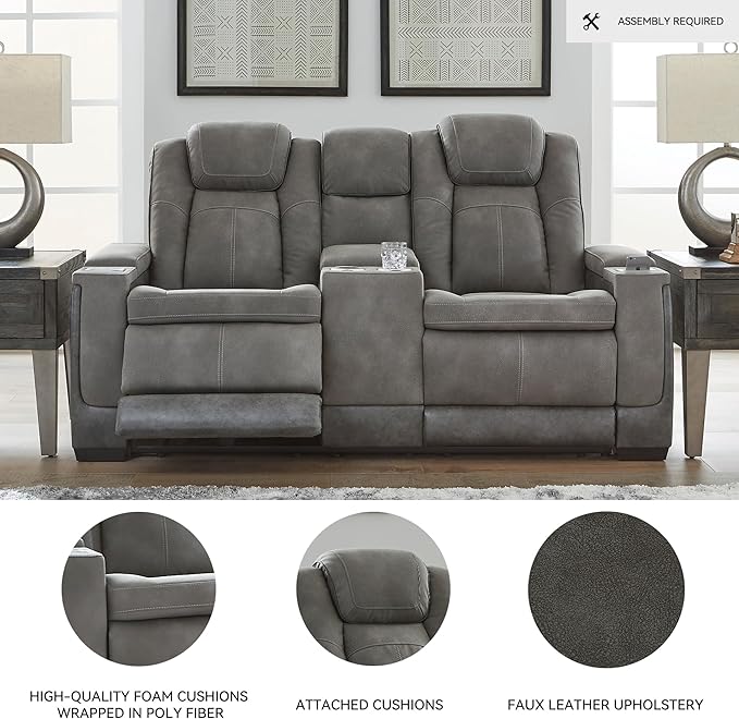 Signature Design by Ashley Next-Gen DuraPella Modern Faux Leather Power Reclining Loveseat with Console & Adjustable Headrest, Gray