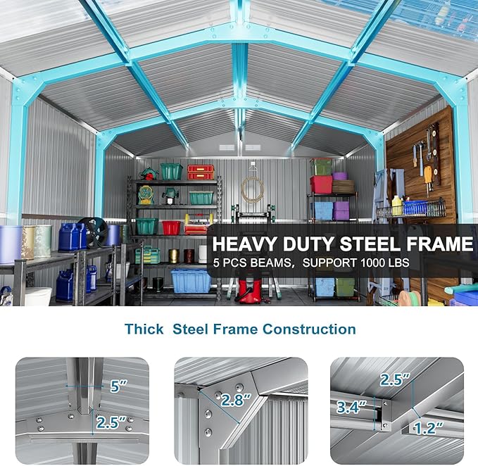 10x16 FT Metal Outdoor Shed Extra Large Waterproof Tools Storage House with Skyview Windows Air Vent Reinforced Frame for Outside Garden Backyard to Store Bikes,Lawnmower,Garage,Dark Grey