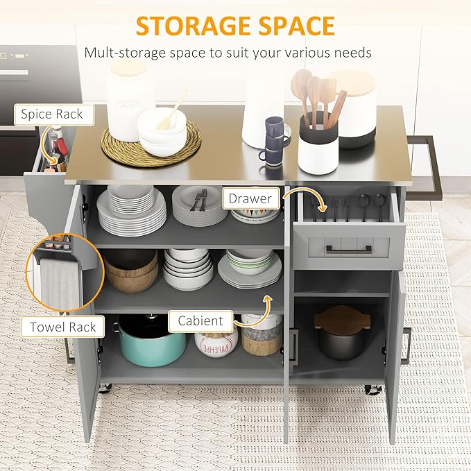HOMCOM Kitchen Island Cart with Storage, Rolling Kitchen Island on Wheels with Drawer, 3 Cabinets, Stainless Steel Countertop, Spice Rack and Towel Rack, Gray