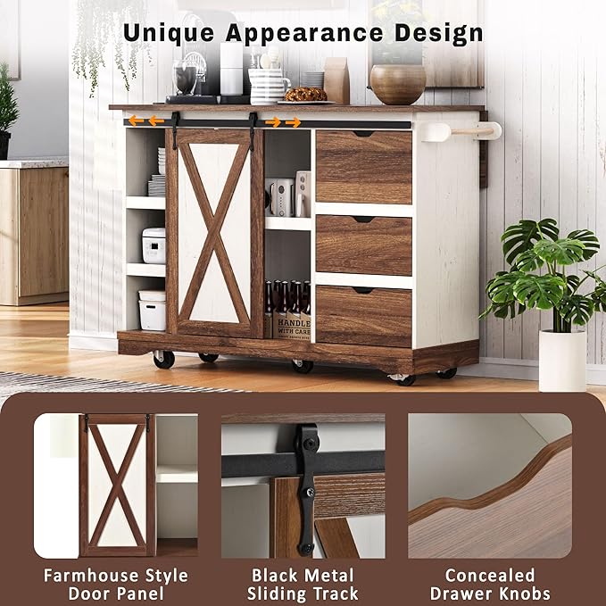 55.5" Farmhouse Kitchen Island Storage Cart with Drop Leaf, Sliding Barn Door, Power Outlet, Spice Rack & 3 Drawers, Rolling Kitchen Cart on Wheels for Kitchen, Dining Room (White)