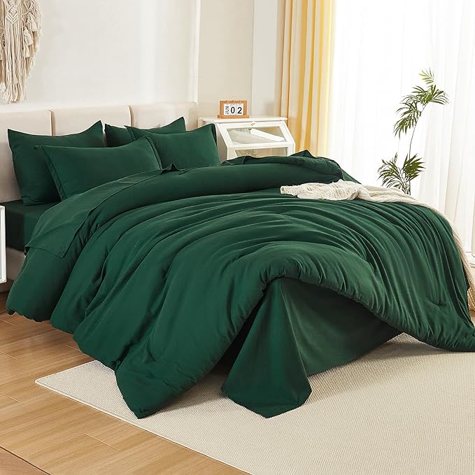 Litanika Full Size Comforter Sets Dark Emerald Green - 7 Pieces Bed in a Bag Full Bedding Comforter Sets, Solid Lightweight Bed Set with Comforter, Sheets, Pillowcases & Shams