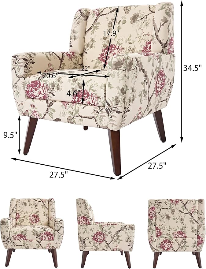 Accent Chair, Modern Linen Blend Arm Chair for Living Room, Bedroom, Comfy High-Resilient Sponge Reading Chair for Small Spaces (Pattern Red Floral, Set of 2)