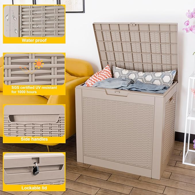 31 Gallon Outdoor Storage Box, Waterproof Resin Deck Box with Lockable Lid for Patio Furniture, Pool Accessories, Garden Tools (Brown)