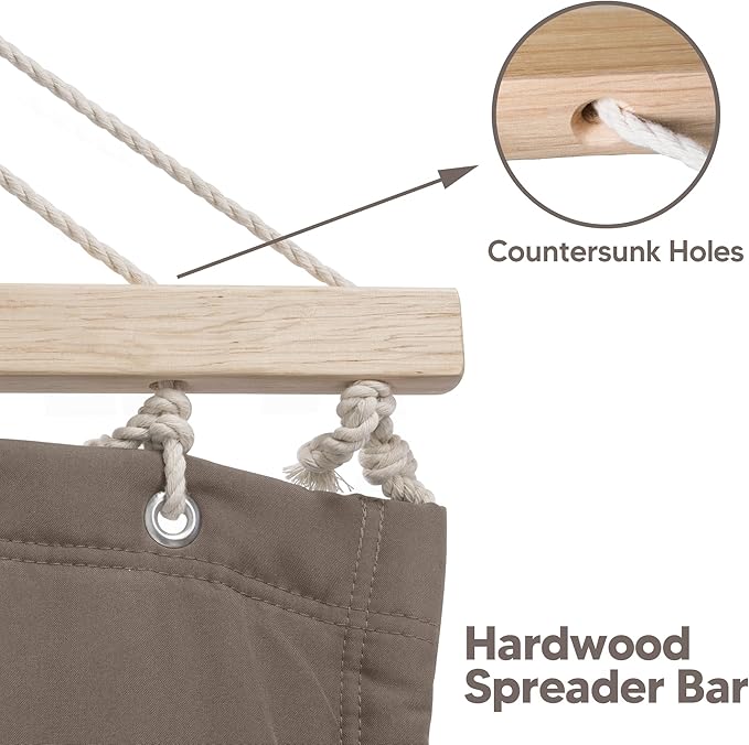 SUNCREAT Double Quilted Hammock with Hardwood Spreader Bar, Extra Large Soft Pillow, Heavy Duty 2 Person Hammock for Indoor, Outdoor, Brown