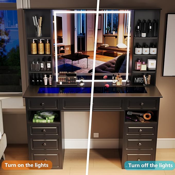 Vanity Desk with Mirror and Light, Glass Top Dresser with 9 Drawers, Vanity Table with Storage, Dressing Table, Bedroom Makeup Desk for Women (Black-Glass Top)