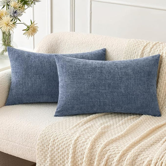 MIULEE Pack of 2 Couch Throw Pillow Covers 12x20 Inch Soft Dark Grey Blue Chenille Pillow Covers for Sofa Living Room Solid Dyed Pillow Cases