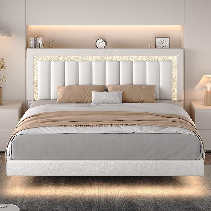 HOMBCK Floating Bed Frame King with Smart LED Lights, Faux Leather Upholstered Bed with Diamond PU Headboard, No Box Spring Needed, Noise-Free, Easy Assembly, White