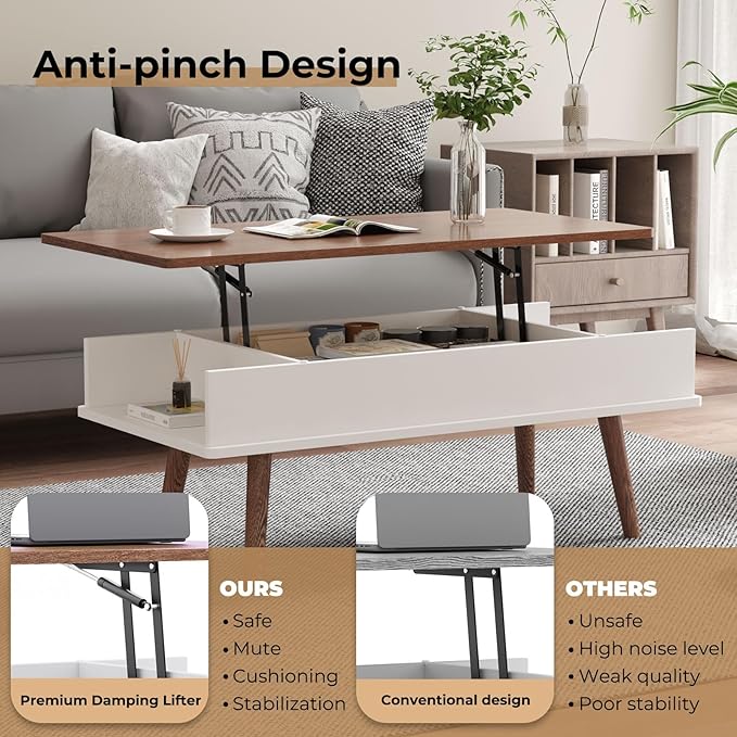 Lift Top Coffee Table, One Minute No Assembly Required Rising Tabletop Center Table with Large Hidden Storage Compartment, Open Shelf, Anti-Pinch Design Mute for Living Room (Walnut)