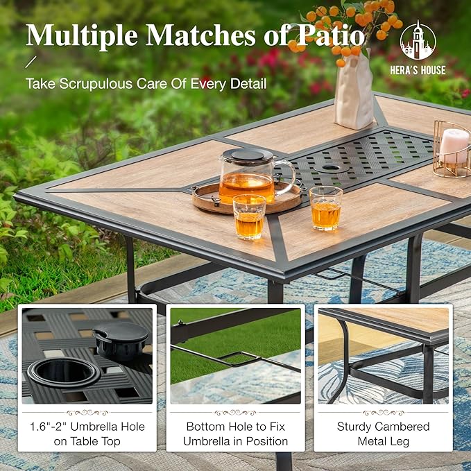 HERA'S HOUSE Patio Dining Sets for 6, Outdoor Rattan Chairs and Wood-Like Table with 1.57" Umbrella Hole, Modern Outdoor Table and Chairs for Deck, Balcony, Backyard and Garden