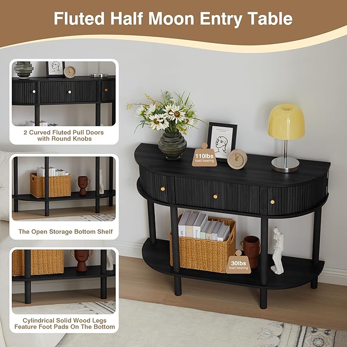 43.3“ Fluted Half Moon Console Table, Modern Entryway Console Sofa Table with Storage, Narrow Wood Accent Tables Behind Couch Tables for Living Room, Hallway, Foyer(Black)