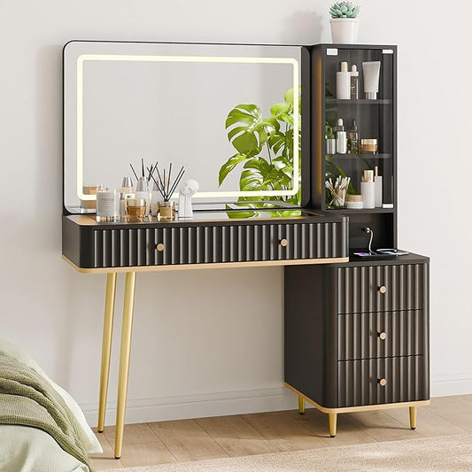 RECCI Fluted Vanity Desk with 36" Mirror and Lights, Makeup Vanity Desk with Glass Top, Dressing Table with 5 Drawers & Shelves, Wood Vanity Table for Bedroom(Black)
