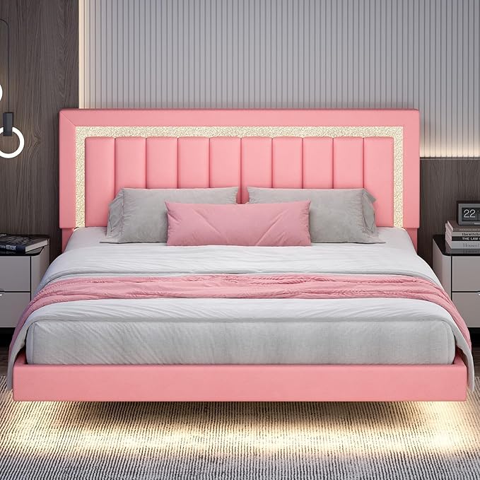 HOMBCK Floating Bed Frame King with Smart LED Lights, Faux Leather Upholstered Bed with Diamond PU Headboard, No Box Spring Needed, Noise-Free, Easy Assembly, Pink