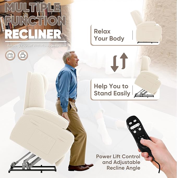 Power Lift Recliner Chair with Massage Electric Lift Chair for Elderly, Ergonomic Recliner with Cup Holders & Side Pockets, Modern Single Sofa for Living Room (Corduroy, White)