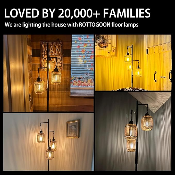 ROTTOGOON Dimmable Boho Floor Lamp - 3 Light Farmhouse Rattan Floor Lamp for Living Room, Industrial Tree Floor Lamps with 3 X 6W LED Bulbs, Rustic Standing Tall Lamp for Bedroom, Office, 68", Black