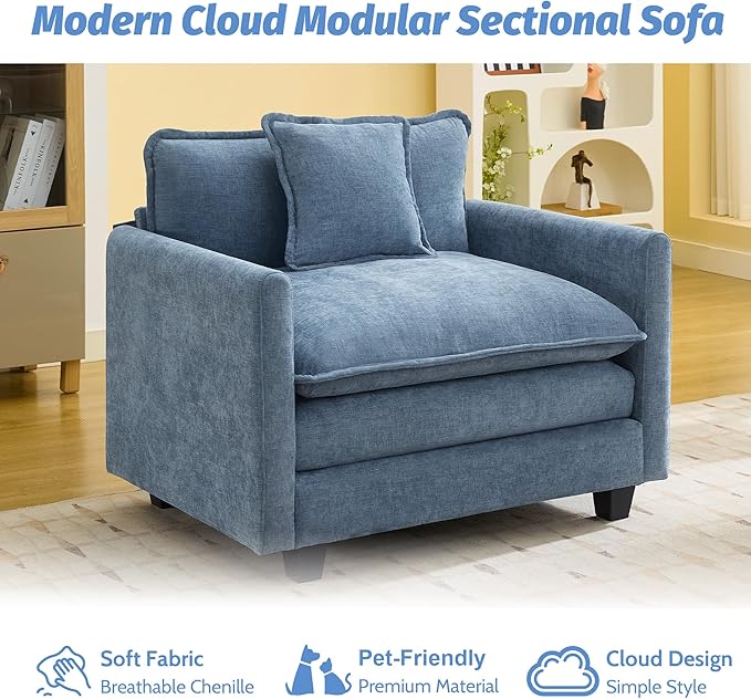 41'' Modern Chenille Oversized Chair, Upholstered Accent Living Room Chair with Extra Thicked Deep Seat, Single Lounge Chair for Bedroom, Small Apartment, Blue