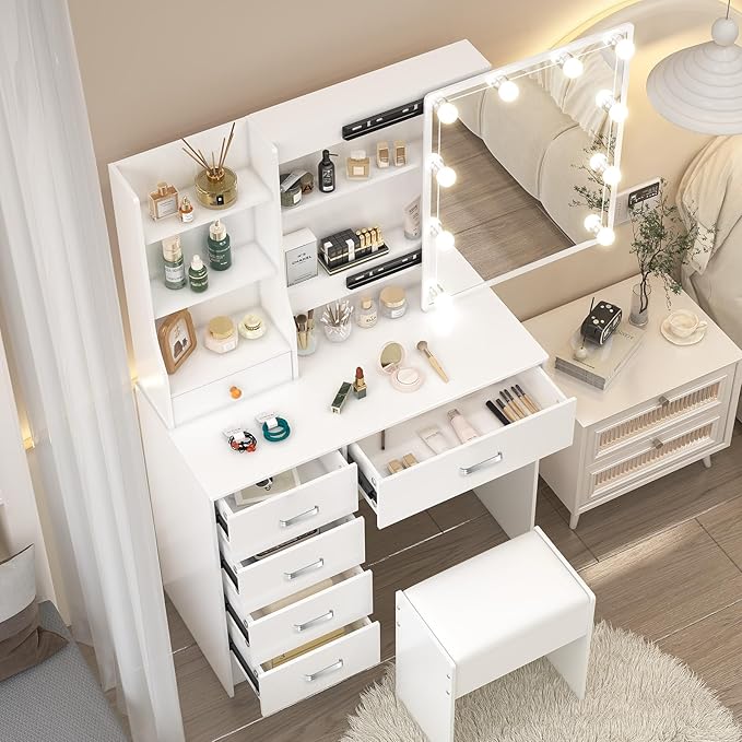 Small Vanity Desk with Sliding Mirror & Bulbs Lights, 3 Color Light Settings Makeup Table with 6 Storage Drawers and 6 Shelves, Bedroom Dressing Table with Chair for Girls, White