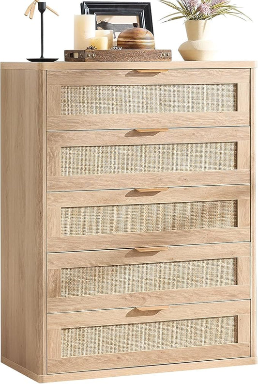 LEYAOYAO Rattan Dresser for Bedroom, 41" Tall Chest of Drawers, Modern 5 Drawers Boho Dressers with Storage, Light Oak Dresser Wooden Closet Organizer for Living Room, Hallway, Natural Wood