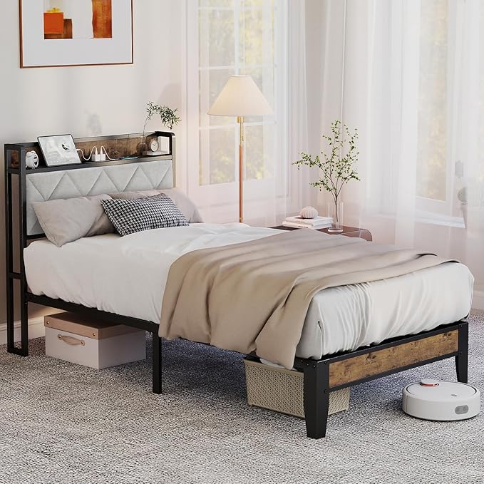 Sweetcrispy Twin Bed Frame with Headboard,Spacious Underbed Storage,Integrated Charging Station,Durable Squeak-Free Frame,Simple No-Tool Assembly,Works with Twin Mattress No Box Spring Required